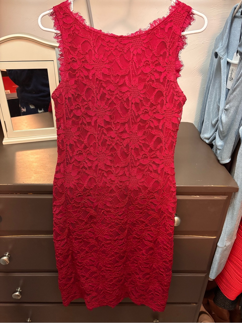 Wendye Chaitin Red Lace Midi Sheath Dress